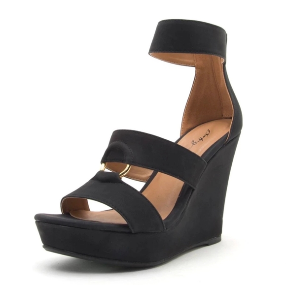 Qupid Shoes - Women's Black Nubuck Metal Ring Wedge Sandal